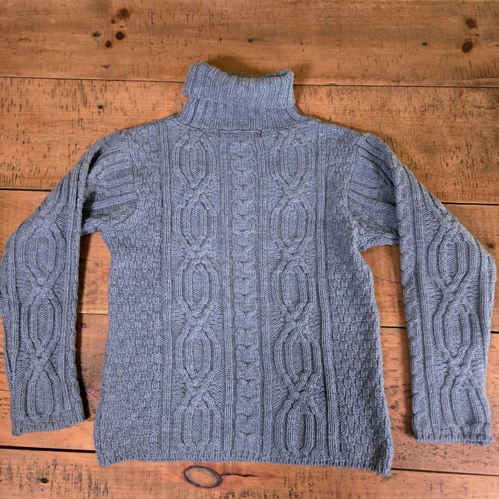 Inis Crafts Ireland 100% Merino Wool Gray Cable Knit Turtleneck Sweater Womens M